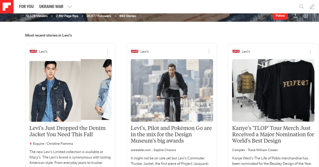 Levi's uses Flipboard to showcase trends and fashion and provide readers with fresh content.