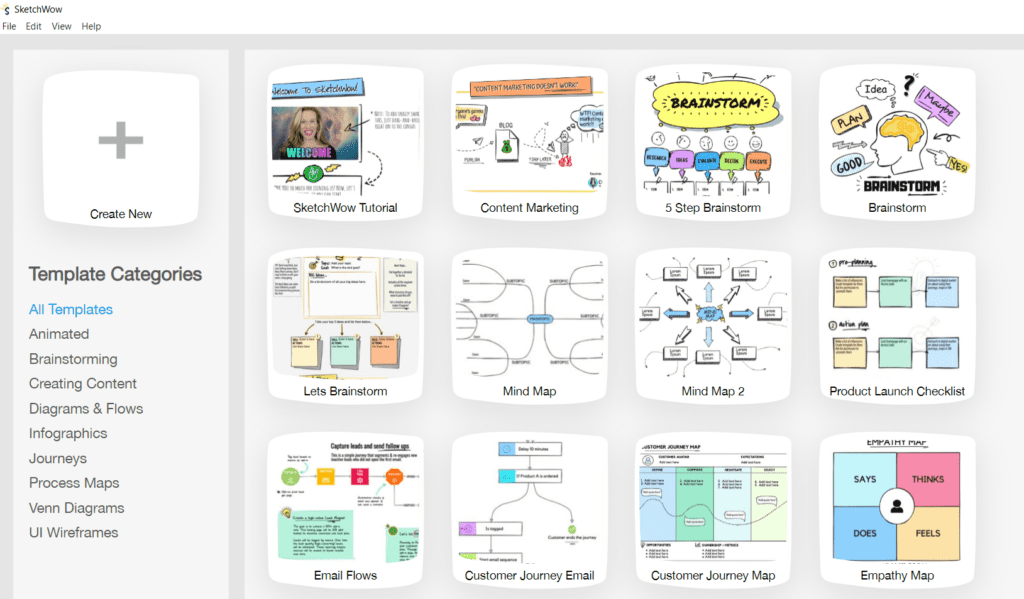 The templates page of SketchWow showcasing the varied types of templates available on SketchWow