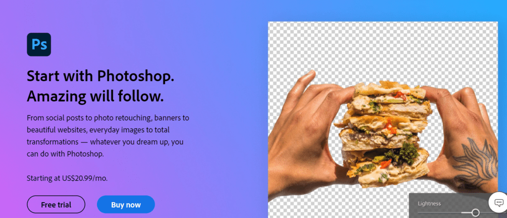 Opening for Adobe Photoshop featuring free trial and buy now options along with its benefits and starting price. 