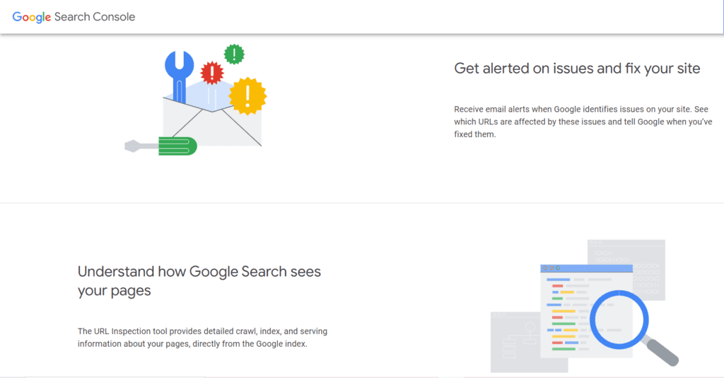 The landing page of the Google Search Console features information about the tasks it can undertake 