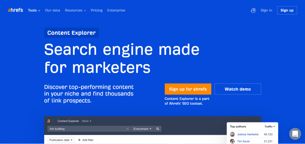 The content explorer feature page of Ahrefs displays all the necessary information and benefits 