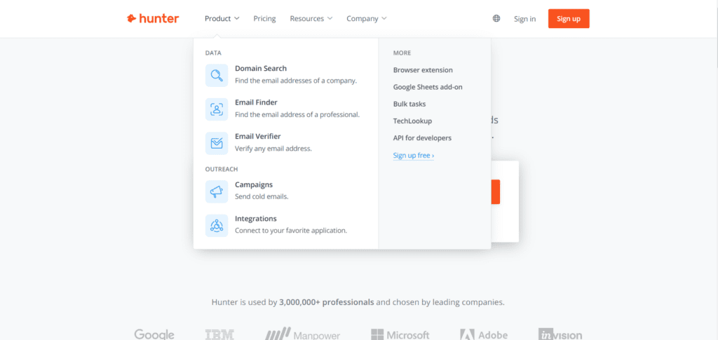 The Hunter software opening page and the product dropdown menu on it show all the blogger outreach-related necessary features like domain search, email outreach, email verifier, campaigns etc. 