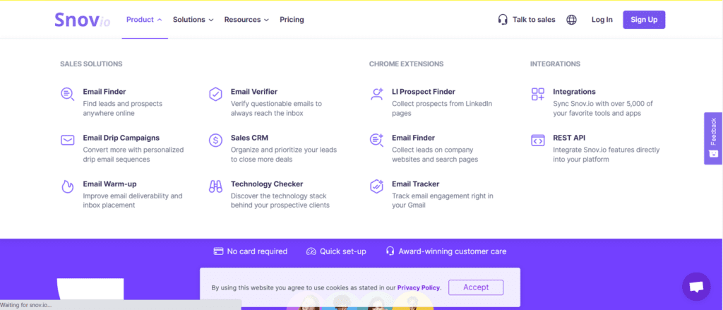 Drop down product menu of Snov.io showing all its feature options like email finder, email verifier