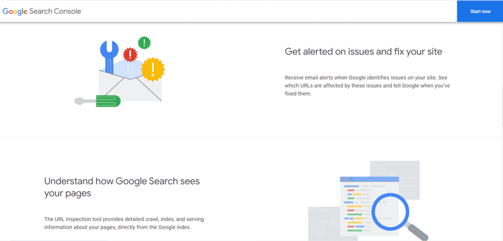 The landing page of Google search console 