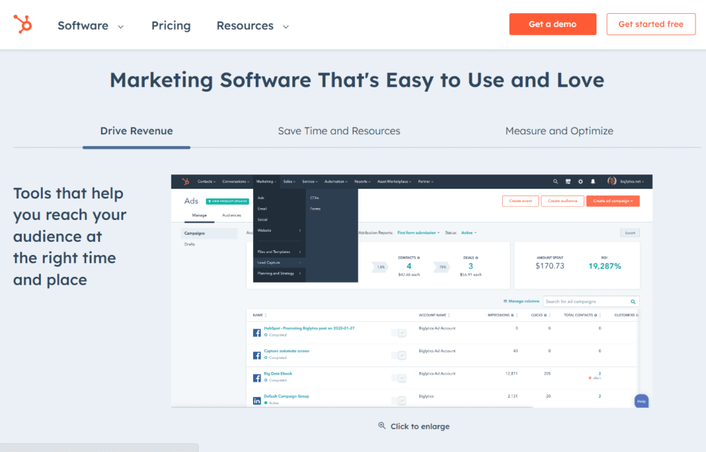 Hubspot marketing software page 