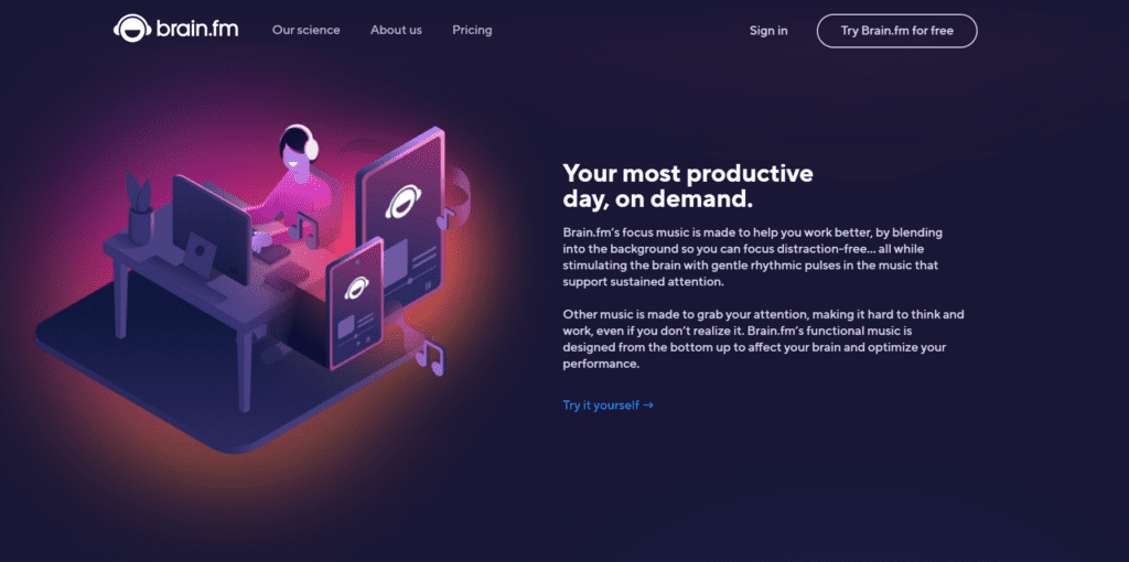 Landing page of Brain.fm the best place to listen find brain music for writing 
