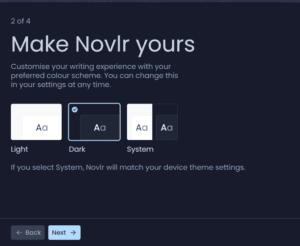 Novlr settings: light mode dark mode and system mode.